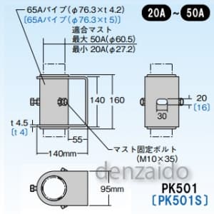 【受注生産品】側面付けマスト取付金具 適合マスト:φ27.2〜60.5mmのマスト用(20〜50A) ステンレス製 PK501S+ソコイタ