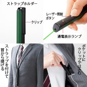 サンワサプライ 【生産完了品】レーザーポインター レーザー照射角25度 緑色光 クリップ付 レーザーポインター レーザー照射角25度 緑色光 クリップ付 LP-GL1003 画像5