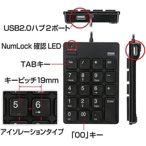 サンワサプライ TAB付テンキー USB2.0ハブ2ポート付 アイソレーションタイプ 薄型メンブレン方式 ブラック TAB付テンキー USB2.0ハブ2ポート付 アイソレーションタイプ 薄型メンブレン方式 ブラック NT-18UH2BK 画像2
