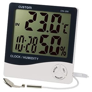 カスタム 【生産完了品】デジタル温湿度計 日付・時計表示機能搭載 防水構造外部温度センサー2m付 CTH-250