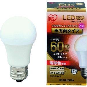 アイリスオーヤマ 【販売終了】LED電球 屋内用 全方向タイプ 明るさ60W形相当 電球色 E26口金 密閉型器具対応 LED電球 屋内用 全方向タイプ 明るさ60W形相当 電球色 E26口金 密閉型器具対応 LDA8L-G/W-6T5