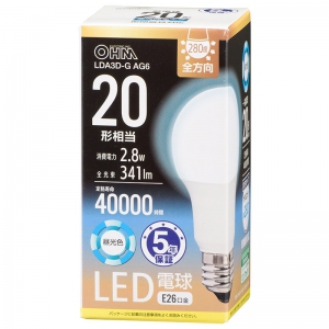 オーム電機(OHM) 【販売終了】LED電球 E26 20形相当 昼光色 全方向 LED電球 E26 20形相当 昼光色 全方向 LDA3D-GAG6