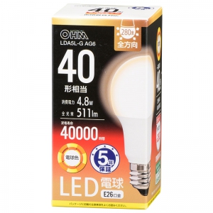 オーム電機(OHM) 【販売終了】LED電球 E26 40形相当 電球色 全方向 LED電球 E26 40形相当 電球色 全方向 LDA5L-GAG6