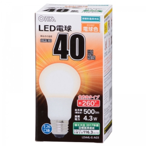 オーム電機(OHM) 【生産完了品】LED電球 E26 40形相当 電球色 LDA4L-GAG5