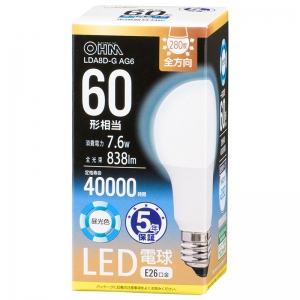 オーム電機(OHM) 【販売終了】LED電球 E26 60形相当 昼光色 全方向 LED電球 E26 60形相当 昼光色 全方向 LDA8D-GAG6