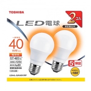 東芝 【ケース販売特価 5個セット】LED電球 A形 一般電球形  40W相当 広配光 電球色 E26 2P LDA4L-G/K40V1RP