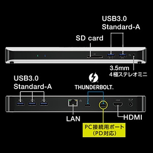 ELECOM 【生産完了品】ドッキングステーション Type-C接続 USB・HDMI・音声・カードリーダ・LANポート搭載 PD・ThunderBolt3対応 ドッキングステーション Type-C接続 USB・HDMI・音声・カードリーダ・LANポート搭載 PD・ThunderBolt3対応 DST-TB301SV 画像3