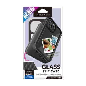 PGA iPhone 13 Pro用 ガラスフリップケース キルティング調ブラック iPhone 13 Pro用 ガラスフリップケース キルティング調ブラック PG-21NGF07BK 画像2