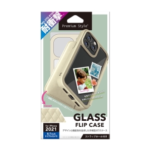 PGA iPhone 13 Pro用 ガラスフリップケース キルティング調アイボリー iPhone 13 Pro用 ガラスフリップケース キルティング調アイボリー PG-21NGF08IV 画像2