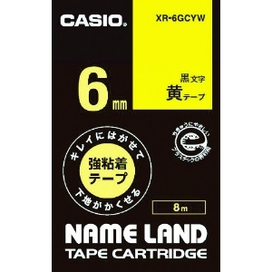 カシオ ネームランド用強粘着再剥離黒文字黄テープ6mm XR-6GCYW