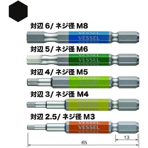 ベッセル 剛彩ビット 5本組 (片頭ヘックス) アソート65mm 剛彩ビット 5本組 (片頭ヘックス) アソート65mm GS5P-31 画像2