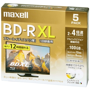 マクセル 録画用ブルーレイディスク BD-R XL ひろびろワイドレーベルディスク 1回録画用 100GB(片面3層) 2〜4倍速対応 5枚入 録画用ブルーレイディスク BD-R XL ひろびろワイドレーベルディスク 1回録画用 100GB(片面3層) 2〜4倍速対応 5枚入 BRV100WPE.5S