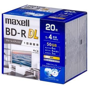マクセル 録画用ブルーレイディスク BD-R DL ひろびろワイドレーベルディスク 1回録画用 50GB(2層) 1〜4倍速記録対応 20枚入 BRV50WPG.20S