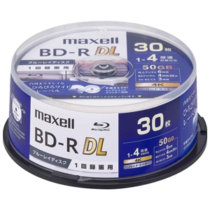 マクセル 録画用ブルーレイディスク BD-R DL ひろびろワイドレーベルディスク 1回録画用 50GB(2層) 1〜4倍速記録対応 スピンドルケース 30枚入 BRV50WPG.30SP