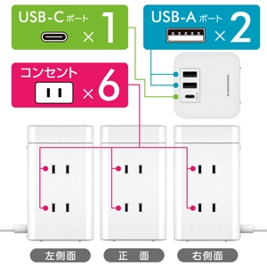 多摩電子 タワー型USBタップ 6口+Type-C×1ポート+USB-A×2ポート 雷ガード搭載 タワー型USBタップ 6口+Type-C×1ポート+USB-A×2ポート 雷ガード搭載 TSK110U2CW 画像2