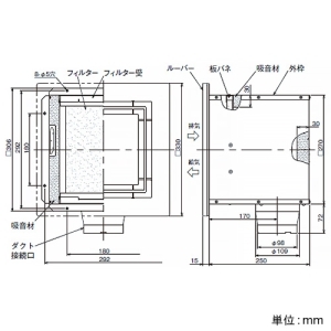 日本キヤリア(東芝) 給排気グリル 消音形 φ100用 埋込寸法275mm角 外気清浄フィルター付 給排気グリル 消音形 φ100用 埋込寸法275mm角 外気清浄フィルター付 RK-10FVF 画像3