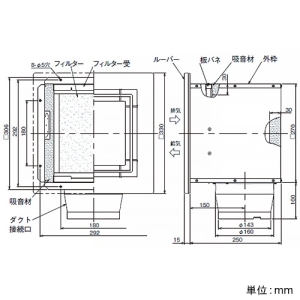 日本キヤリア(東芝) 給排気グリル 消音形 φ150用 埋込寸法275mm角 外気清浄フィルター付 給排気グリル 消音形 φ150用 埋込寸法275mm角 外気清浄フィルター付 RK-15FVF 画像3