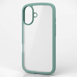 ELECOM ハイブリッドケース 《TOUGH SLIM LITE》 iPhone16用 背面シルキークリア ストラップシート付 フレームカラーグリーン PM-A24ATSLFCSGN