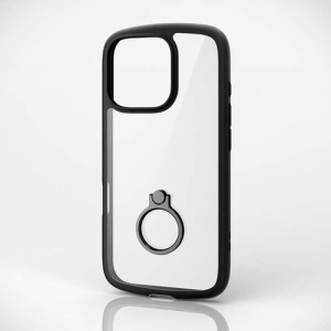 ELECOM iPhone 16 Pro ハイブリッドケース TOUGH SLIM LITE フレームカラー 背面クリア リング付き ストラップシート付属 ブラック PM-A24CTSLFCRBK