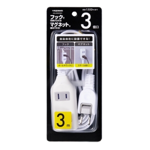 ヤザワ 裏面フックマグネット付タップ 3個口3m白 裏面フックマグネット付タップ 3個口3m白 H4HJS303WH 画像3