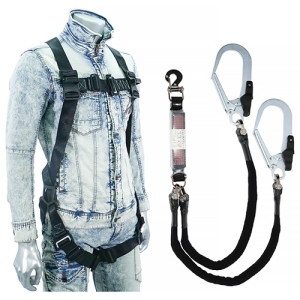 ジェフコム フルハーネス・伸縮ロープ式ダブルランヤードセット Mサイズ 使用可能質量100kg ランヤード長1600mm HS-35PG-A