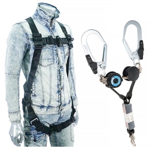 ジェフコム フルハーネス・巻込み停止付ダブルランヤードセット Mサイズ 使用可能質量100kg ランヤード長1400mm HS-35PG-B